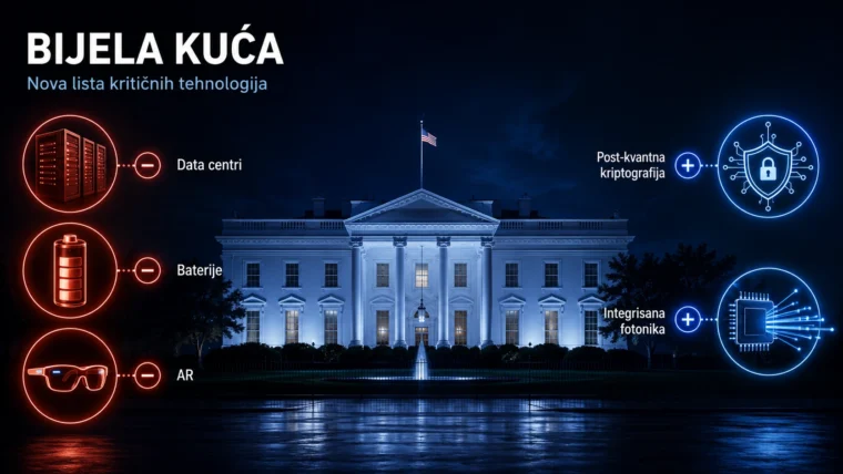 Zgrada Bijele kuće i simbolične ilustracije tehnologija poput čipa i fotonike na dokumentu strategije Ministarstva nauke i tehnologije SAD-a