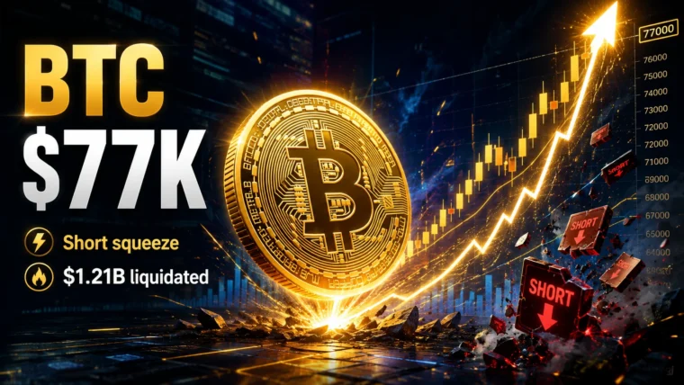 Grafikon rasta cijene bitkoina i oznaka likvidacija kratkih pozicija tokom današnjeg skoka cijene BTC-a na približno 77.000 USD