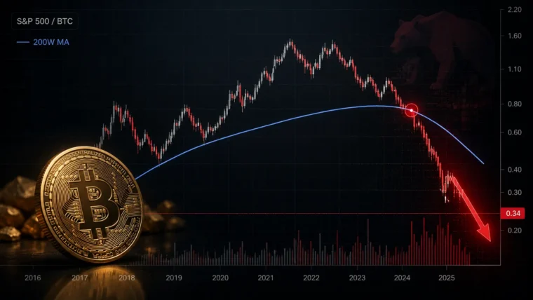 Grafikon odnosa S&P 500 prema bitcoinu koji pokazuje prekoračenje 200-nedjeljnog prosjeka