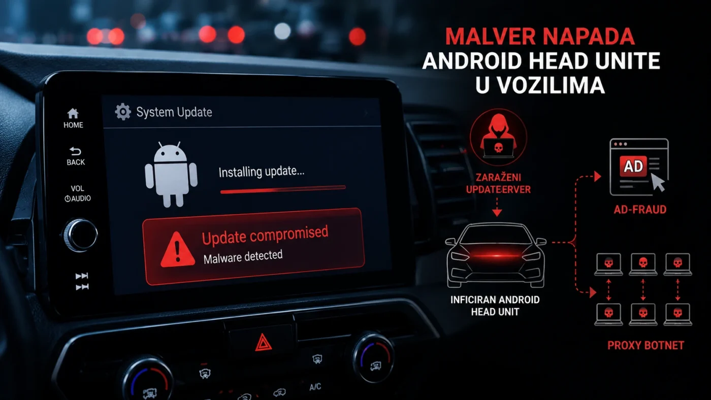 Android head unit malver — Android-based automotive head unit u vozilu izbliza, simbol napada malvera na infotainment