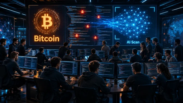 Programeri koji skeniraju kod zbog Bitcoin AI ranjivosti prikazani na ekranu računara