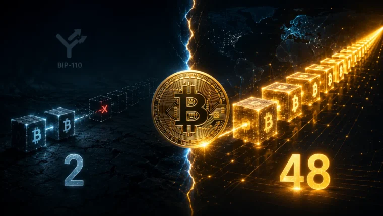 Simbolični prikaz Bitcoin bloka i natpisa BIP-110 povezan s razdvajanjem lanca