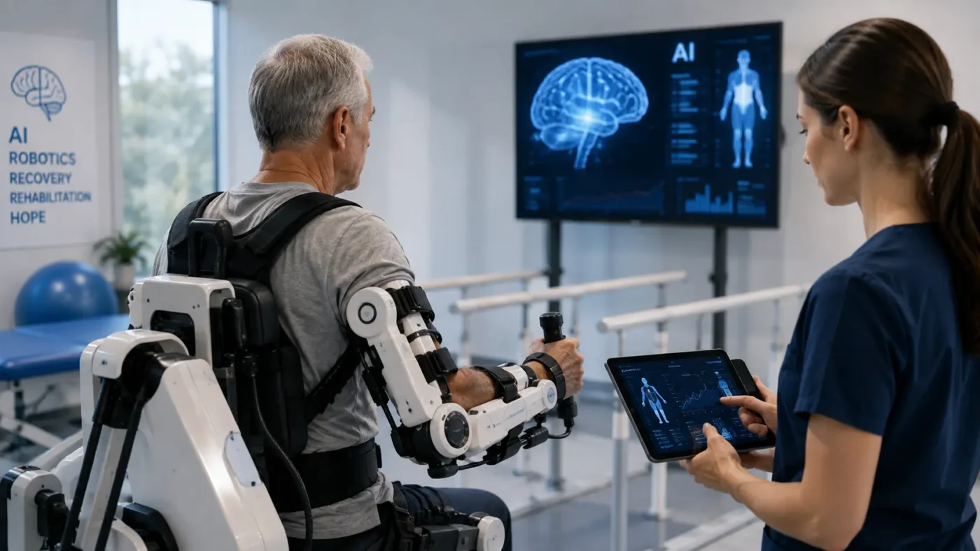 Terapeut sa pacijentom koji koristi robotski uređaj za rehabilitaciju ruke nakon moždanog udara