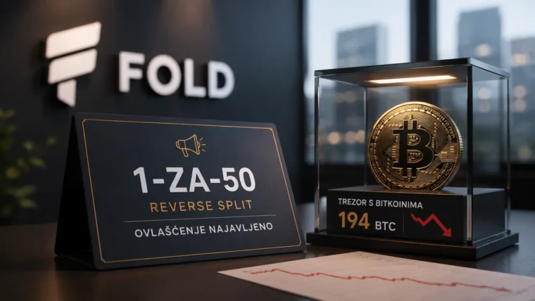Logo kompanije Fold i simbol Bitcoina na ekranu grafova cijene Bitcoina