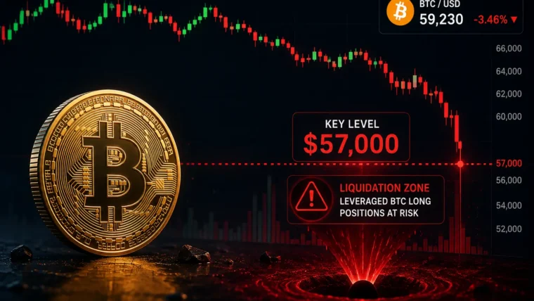 Grafikon cijene Bitcoina sa tehničkim nivoima podrške i otpora povezanim sa likvidacijama pozicija