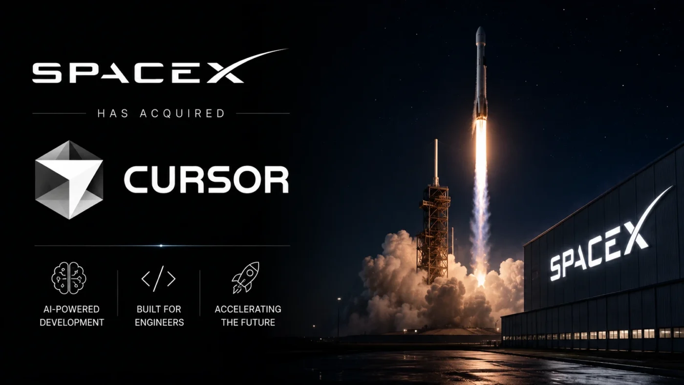 Logotipi SpaceX-a i Cursora koji simbolizuju akviziciju AI startupa od strane SpaceX-a, fokus na računarsku infrastrukturu i GPU-ove.