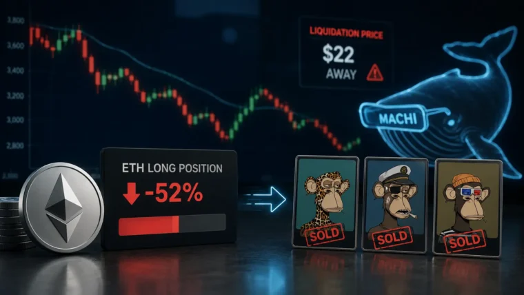 Prikaz Ethereum grafikona i NFT kolekcije Bored Ape kao ilustracija trgovinskog rizika poslovanja s kolateralom NFT-a na leveraged poziciji