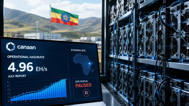 Podaci kompanije Canaan o operativnom i instaliranom hashrateu s posebno označenim redom za Etiopiju i fusnotom o pauzi rudarstva u toj zemlji, prikazani na ekranu izvještaja CryptoSlate-a ili slične tablice podataka o rudarenju kriptovaluta koji sadrži brojeve EH/s i kolone "operativno" i "instalirano". Note: Slika ilustruje tabelu podataka, ne stvarni rudarski centar ili opremu u Etiopiji.