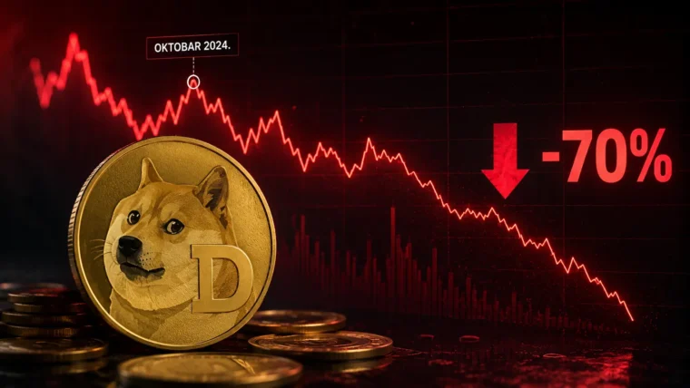 Grafikon cijene dogecoina i podatak o otvorenom interesu futures tržišta DOGE-a prikazan u članku CoinDesk-a