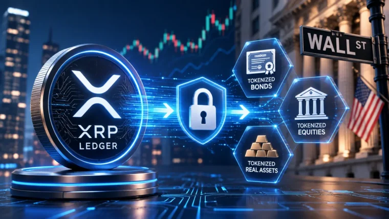 Grafički prikaz tokenizovanih finansijskih instrumenata na mreži XRP Ledger sa simbolom privatnosti štitom u fokusu