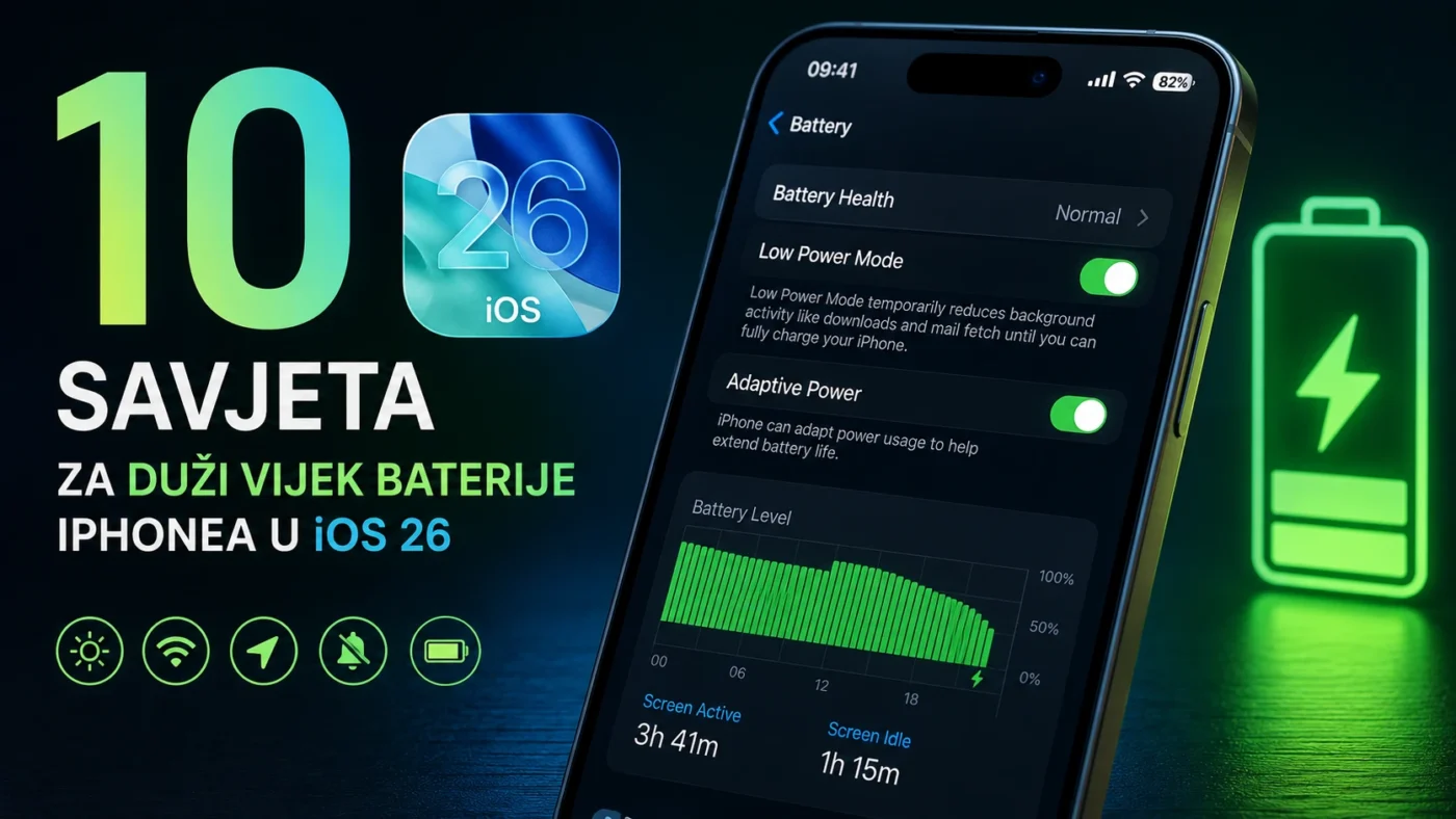 iPhone baterija iOS 26 — indikator baterije i ikone štednje energije