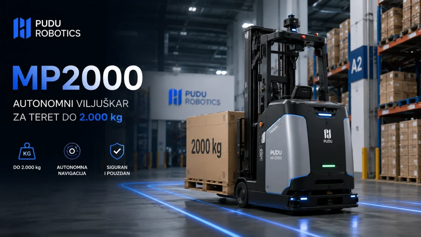 Pudu MP2000 autonomni viljuškar pored paleta u skladištu tehnologije automatizacije proizvodnje i logistike u fabrici ili skladištu kraj paleta i AMR-ova kao ilustracija proizvoda Pudu Roboticsa koji rukuje paletama do 2.000 kg nošenje tereta omogućeno lidarom i kamerama za percepciju mada slika je iz izvora proizvoda ili promotivnih materijala Pudu Roboticsa što opisuje uređaj i njegovu ulogu u skladištu bez izmišljanja dodatnih vizuelnih detalja koji nisu u izvoru.