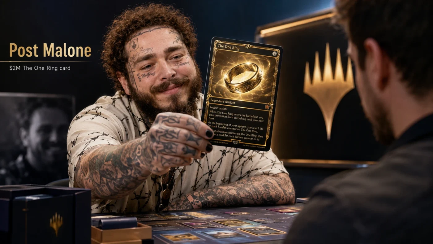 Post Malone kako drži i koristi kartu The One Ring iz Magic: The Gathering tokom igre na Game Knights epizodi