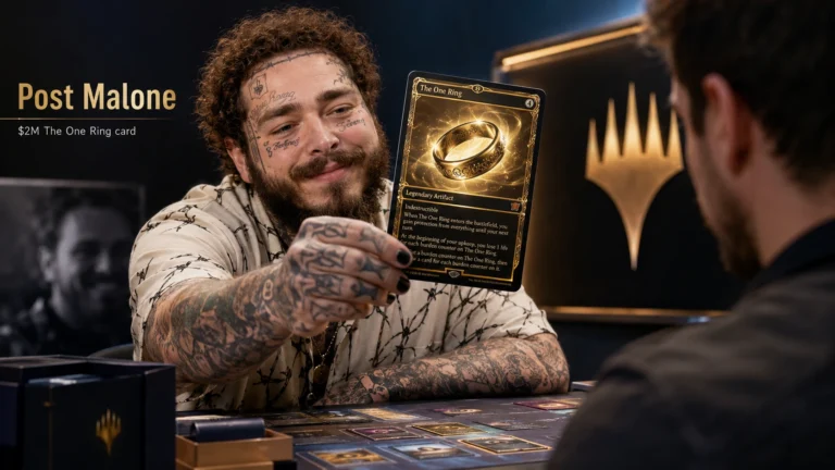 Post Malone kako drži i koristi kartu The One Ring iz Magic: The Gathering tokom igre na Game Knights epizodi
