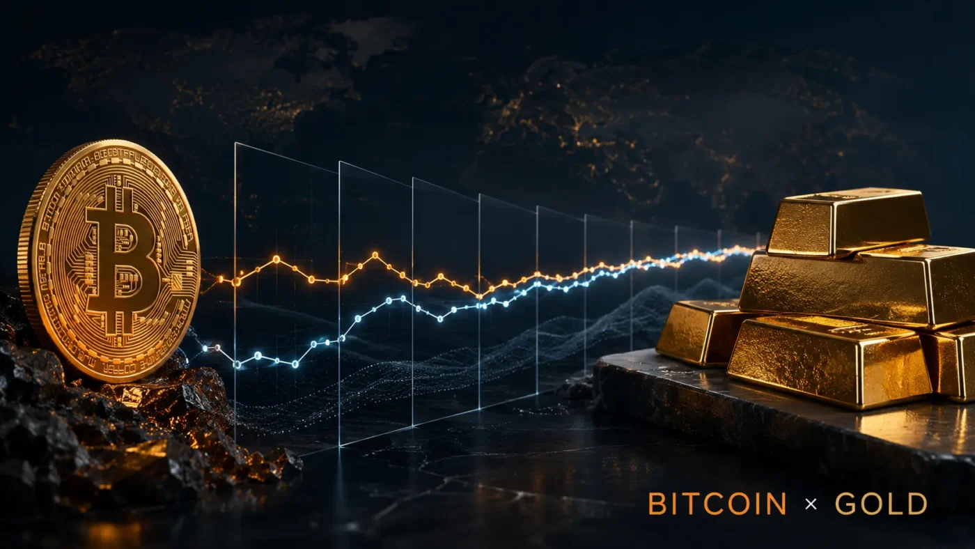 Grafikon Bitcoin i zlato korelacija koji prikazuje zbližavanje kretanja cijena i volatilnosti